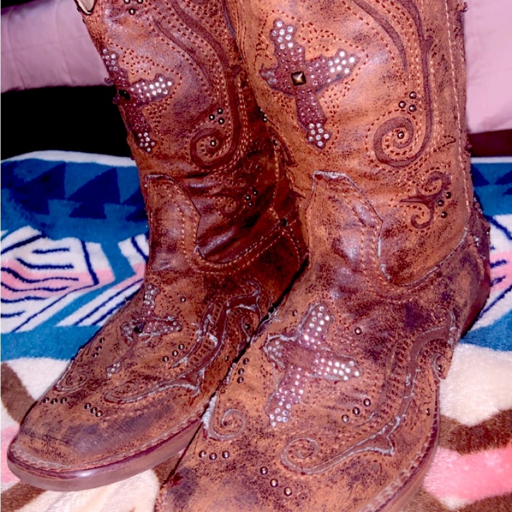 Roper Kids Brown with Crystal Cross & Studs Square Toe Western Boots